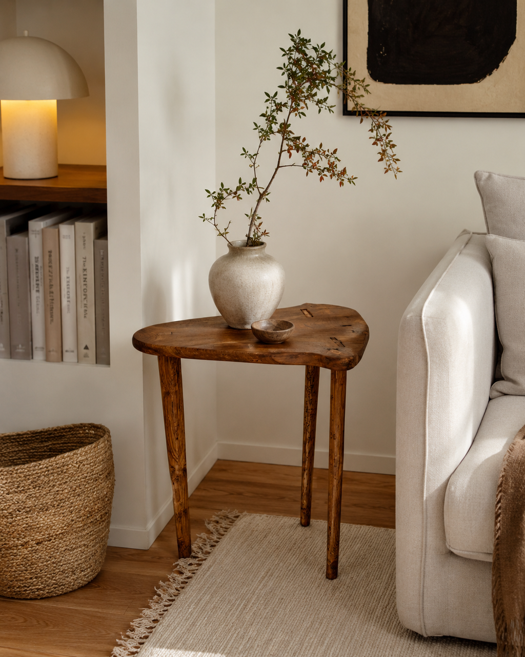 Petite table en orme pieds en frêne,bois massif,pièce unique et décorative.